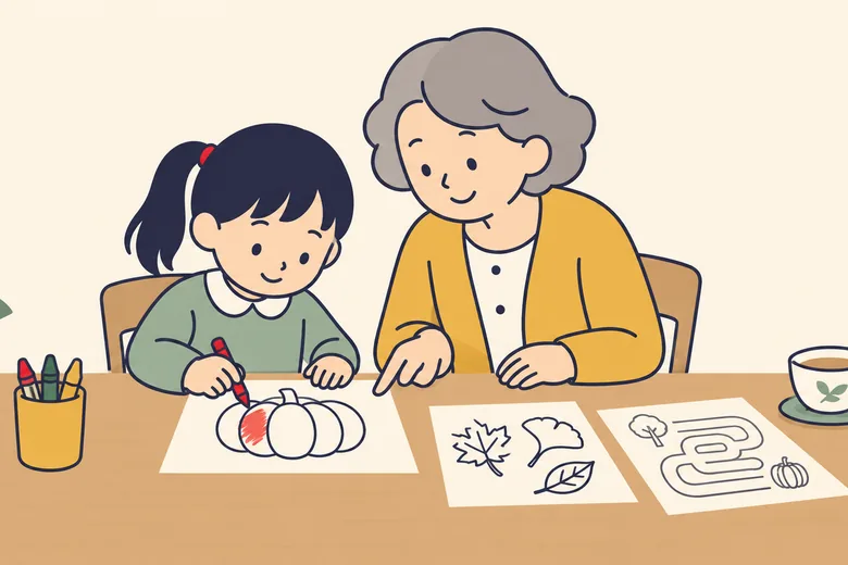 おばあちゃんと孫がテーブルで、かぼちゃのぬりえに色鉛筆で色をぬっているイラスト