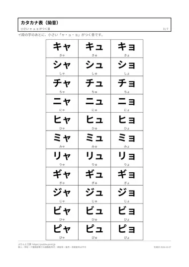 カタカナ表（拗音）の見本（PDFの3ページ目）