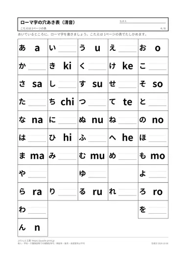 ローマ字の穴あき表(清音)の見本(PDFの4ページ目)