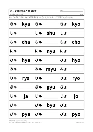 ローマ字の穴あき表(拗音)の見本(PDFの6ページ目)