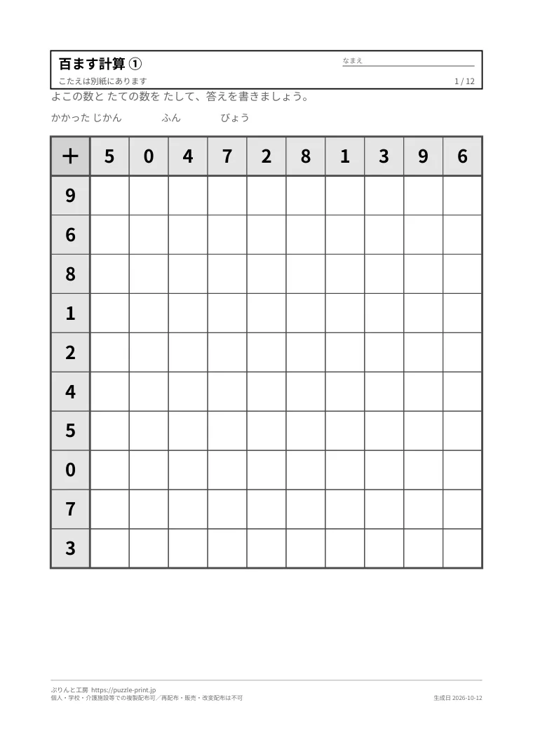 百ます計算 無料プリント12枚(百マス計算・たし算ひき算かけ算・答えつき)の1枚目。実際に刷られる紙の見本。