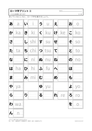ローマ字表(ヘボン式)とローマ字プリント 無料・答えつきの2枚目