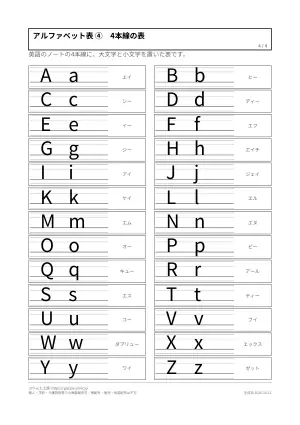 アルファベット表 無料プリント4枚（大文字・小文字・対応表・4本線）の4枚目