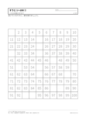 すうじ1〜100の練習プリント 無料の見本（1枚目）