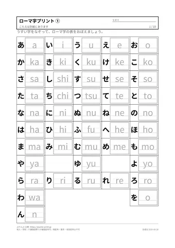 ローマ字表（ヘボン式）とローマ字プリント 無料・答えつきの見本（1枚目）